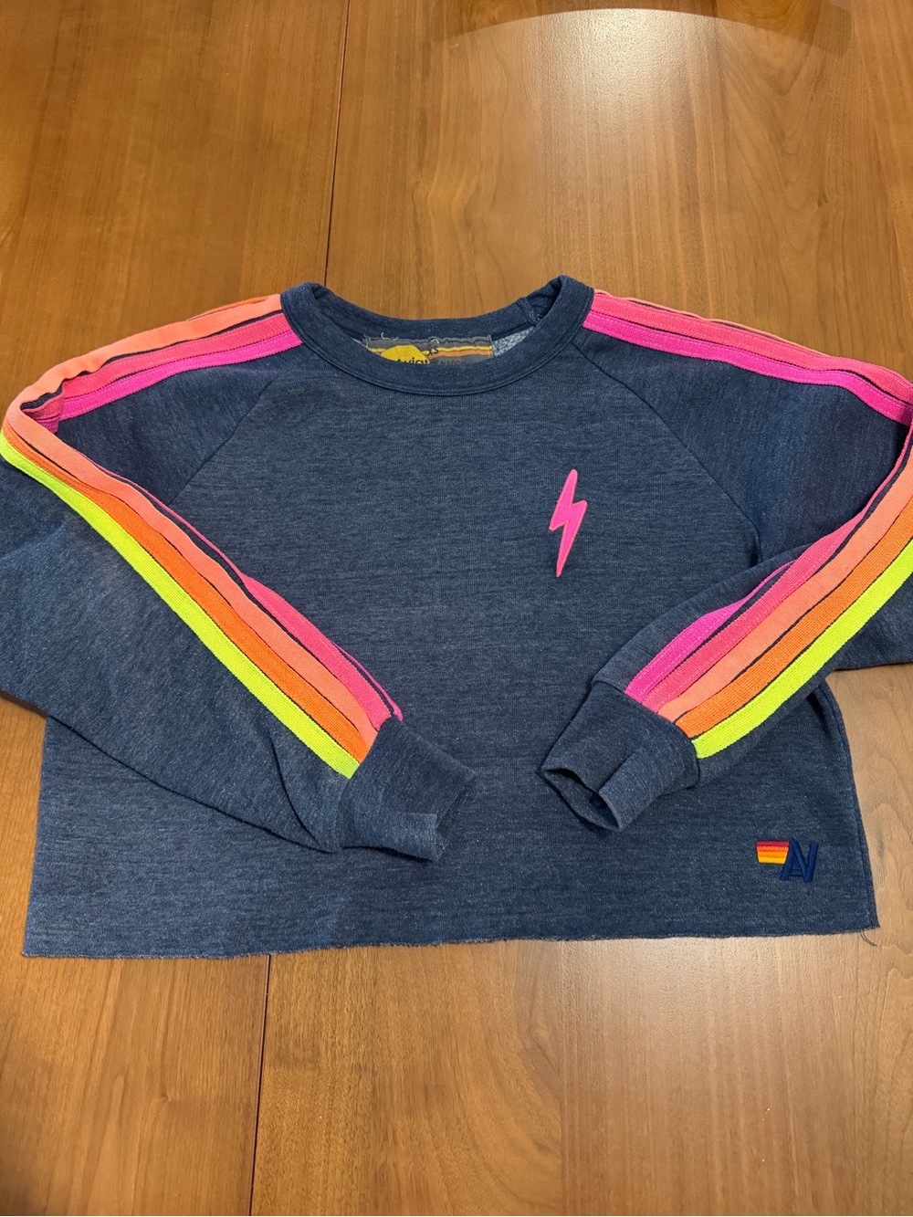 Aviator Nation Cropped sweatshirt with Pink Lightning and Rainbow Sleeve Stripes